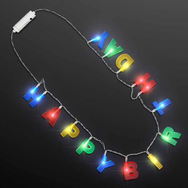 Necklace with "Happy Birthday" in multi-colors and lights up.