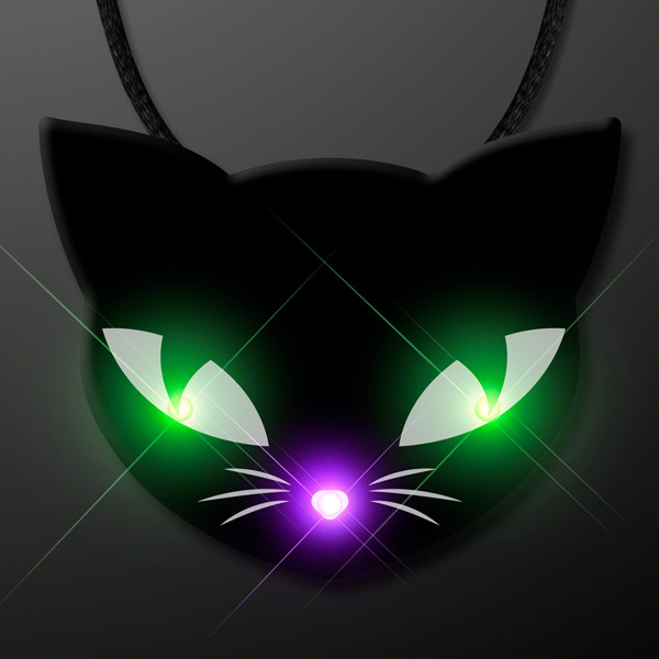 Black necklace with light up spooky cat eyes medallion. 