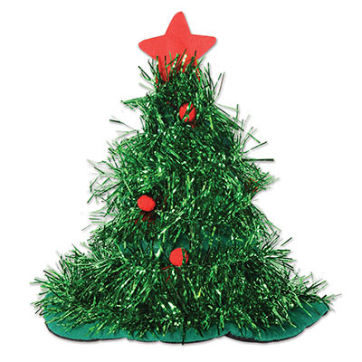 Tinsel Christmas Tree Hat (Pack of 12) Tinsel, christmas, hat, tree, holly, jolly, holidyas 