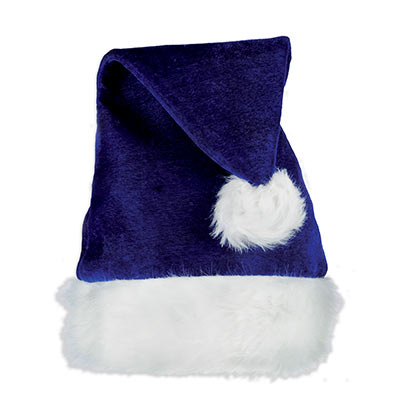 A traditional Santa hat made of blue velvet material with white plush trim.
