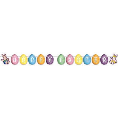 Streamer with Happy Easter printed on Easter eggs across the string including a bunny at the beginning and end.