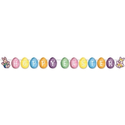 Streamer with Happy Easter printed on Easter eggs across the string including a bunny at the beginning and end.
