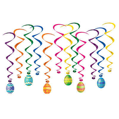 Assorted colored whirls with matching decorative Easter eggs attached to half the whirls.