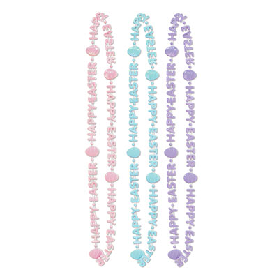 Plastic molded beads stating "Happy Easter" with eggs in light colors of pink, blue and purple.