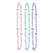 Plastic molded beads stating "Happy Easter" with eggs in light colors of pink, blue and purple.