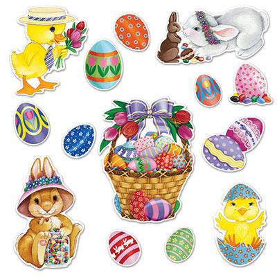 Card stock printed Easter decorations of eggs, bunnies and chicks.