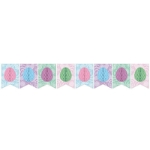 Pennant banner with tissue eggs in pink, blue, purple, and green.
