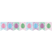 Pennant banner with tissue eggs in pink, blue, purple, and green.