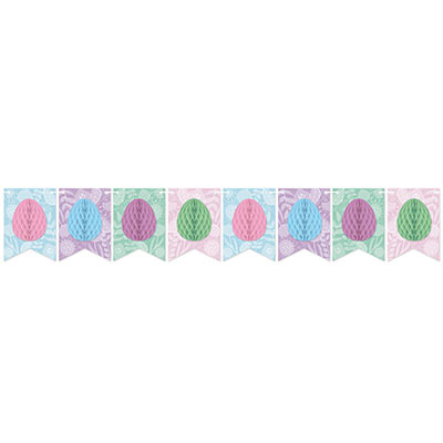 Pennant banner with tissue eggs in pink, blue, purple, and green.