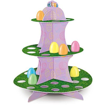 Egg stand shaped like a cupcake stand inspired by a egg hunt with three grass like shelves.