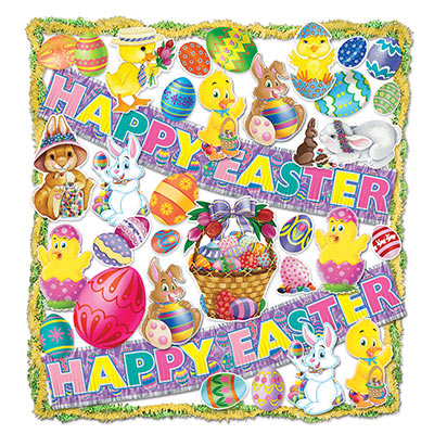 Decorating kit for Easter with cutouts of Easter eggs, chicks, bunnies, including garland and banners.
