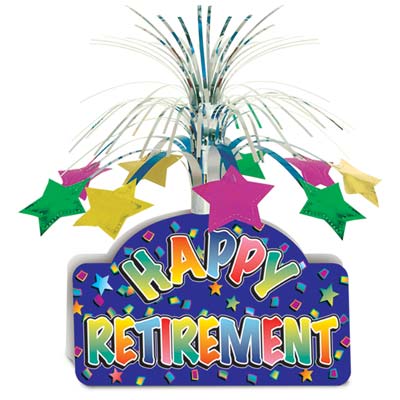 Card stock bottom saying "Happy Retirement" in multi-color with a cascade of metallic material