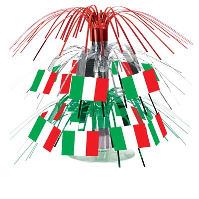 Centerpiece with red, green and silver metallic strands and Italian flags cascading down.