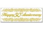 White banner with golden "Happy 50th Anniversary" and a golden design on the top and bottom of the banner.
