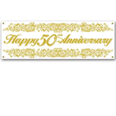 White banner with golden "Happy 50th Anniversary" and a golden design on the top and bottom of the banner.