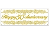 White banner with golden "Happy 50th Anniversary" and a golden design on the top and bottom of the banner.