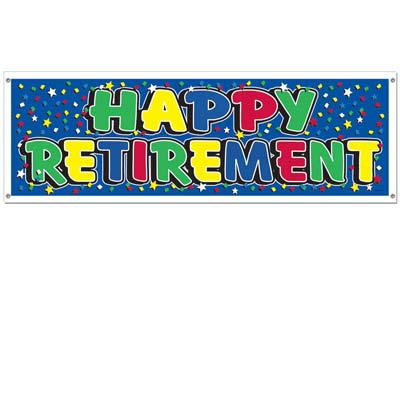 Solid blue background banner with assorted colored stars and letters spelling out "Happy Retirement".