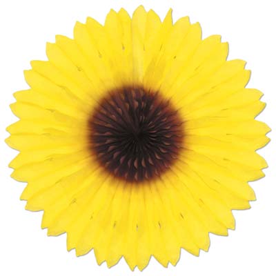 Sunflower shaped fan with print to replicate made of tissue material.