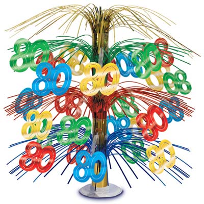 Multi-colored cascade centerpiece made of metallic material with "80" icons.
