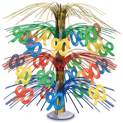 Multi-colored cascade centerpiece made of metallic material with "90" icons.