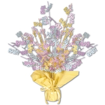 Metallic centerpiece with is bursting with baby colored cutouts of "Baby" and yellow weighted bottom.