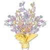 Metallic centerpiece with is bursting with baby colored cutouts of "Baby" and yellow weighted bottom.