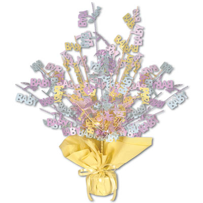 Metallic centerpiece with is bursting with baby colored cutouts of "Baby" and yellow weighted bottom.