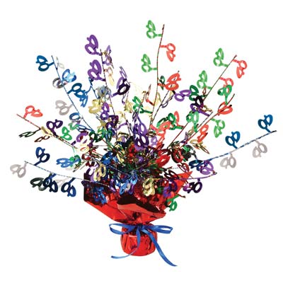 Metallic centerpiece with is bursting with multi-color "40" and red weighted bottom.