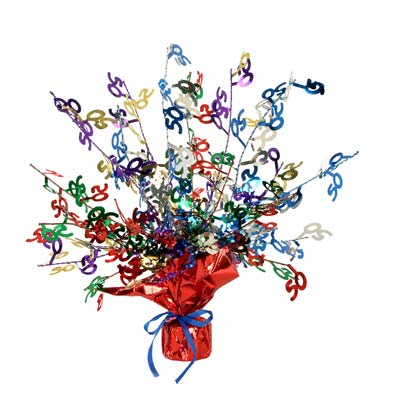 Metallic centerpiece with is bursting with multi-color "50" and red weighted bottom.