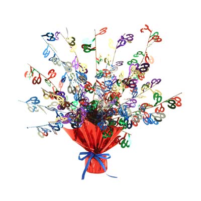 Metallic centerpiece with is bursting with multi-color "60" and red weighted bottom.