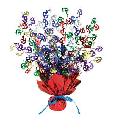 Metallic centerpiece with is bursting with multi-color "65" and red weighted bottom.