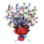 Metallic centerpiece with is bursting with multi-color "65" and red weighted bottom.