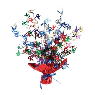 Metallic centerpiece with is bursting with multi-color "70" and red weighted bottom.