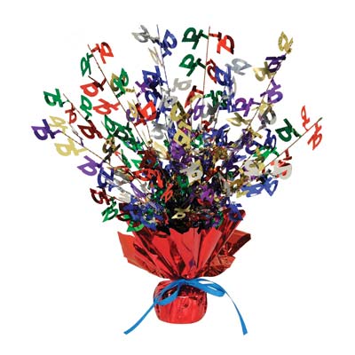 Metallic centerpiece with is bursting with multi-color "75" and red weighted bottom.