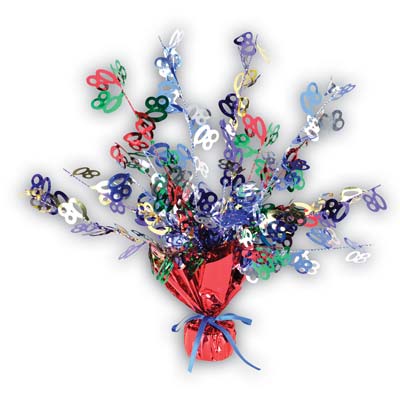 Metallic centerpiece with is bursting with multi-color "80" and red weighted bottom.
