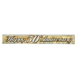 Metallic banner with gold background and silver "Happy 50th Anniversary".
