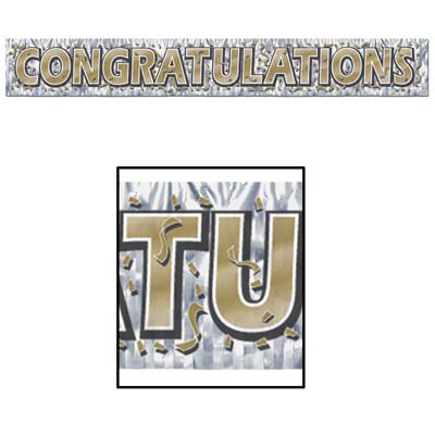Silver metallic banner with gold "Congratulations" and confetti.