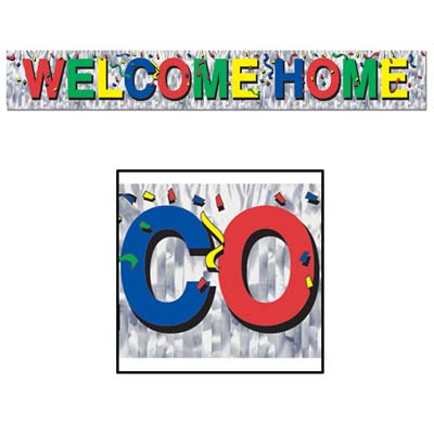 Metallic silver banner with multi-colored "Welcome Home" and confetti.