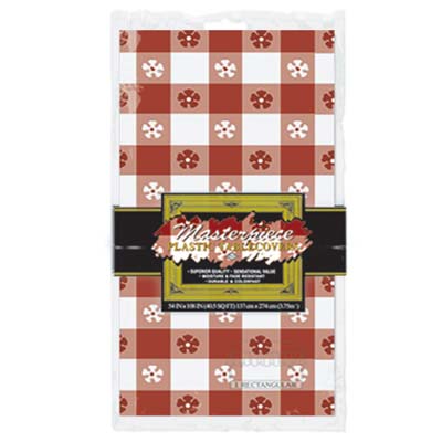 Checkered plastic table cover in red and white with white and red flowers.