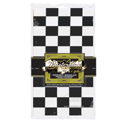 Black and white checkered plastic table cover.