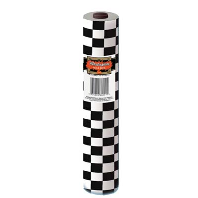 Black and white checkered plastic table cover roll.