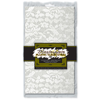 Plastic white table cover with a lace look.