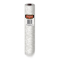 Plastic table cover roll with a white lace printed look.