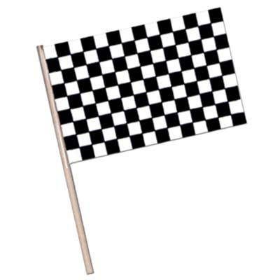 Plastic printed checkered flag attached to a wooden stick.