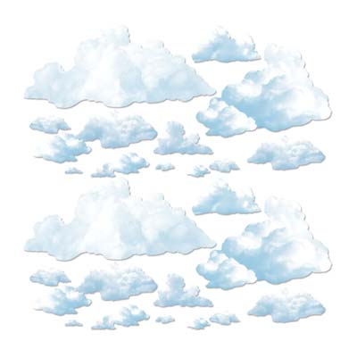 Fluffy Cloud Props of various sized printed on thin plastic material.