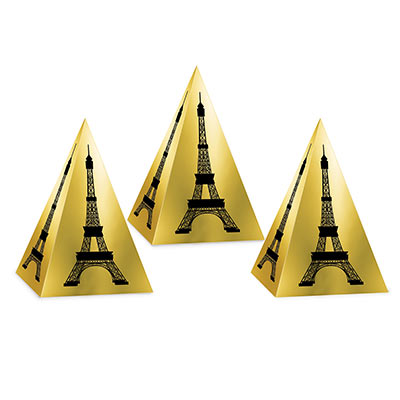 Eiffel Tower Favor Boxes on a gold square based pyramid with a black print of the Eiffel Tower.