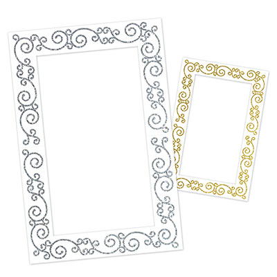 Glittered Photo Fun Frame on white card stock material with gold glitter design on one side and silver on the other.