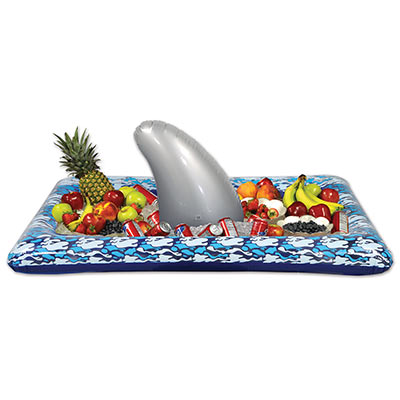 Rectangular Inflatable Shark Buffet Cooler with the top fin sticking up in the middle.