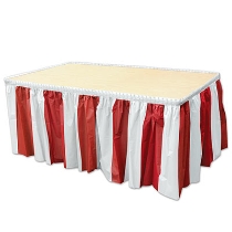Red & White Stripes Table Skirting made of plastic material.