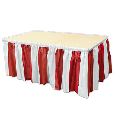 Red & White Stripes Table Skirting made of plastic material.